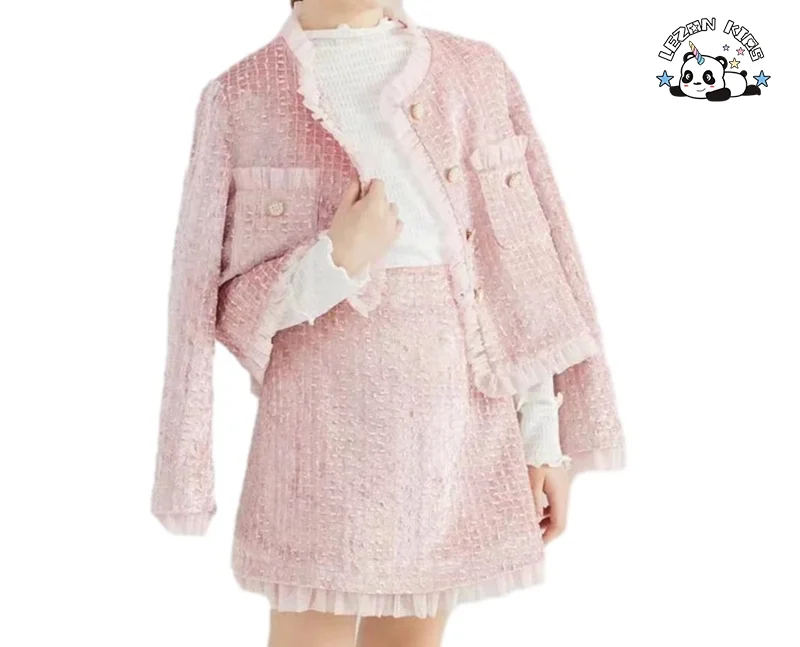 LEZONKIDS - Conjunto de Saia Curta Infantil Champagne Fashion com Malha Bordada e Conjunto de Duas Peças de Veludo Tweed para Meninas